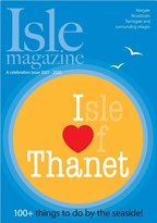 Bright blue background with orange circle to represent sun toward bottom with rings of shade. White text of 'Isle Magazine - A celebration issue 2021-2022. Margate, Broadstairs, Ramsgate and surrounding villages. 100+'. Dark text of things to do by the seaside!. Two white birds near top right corner